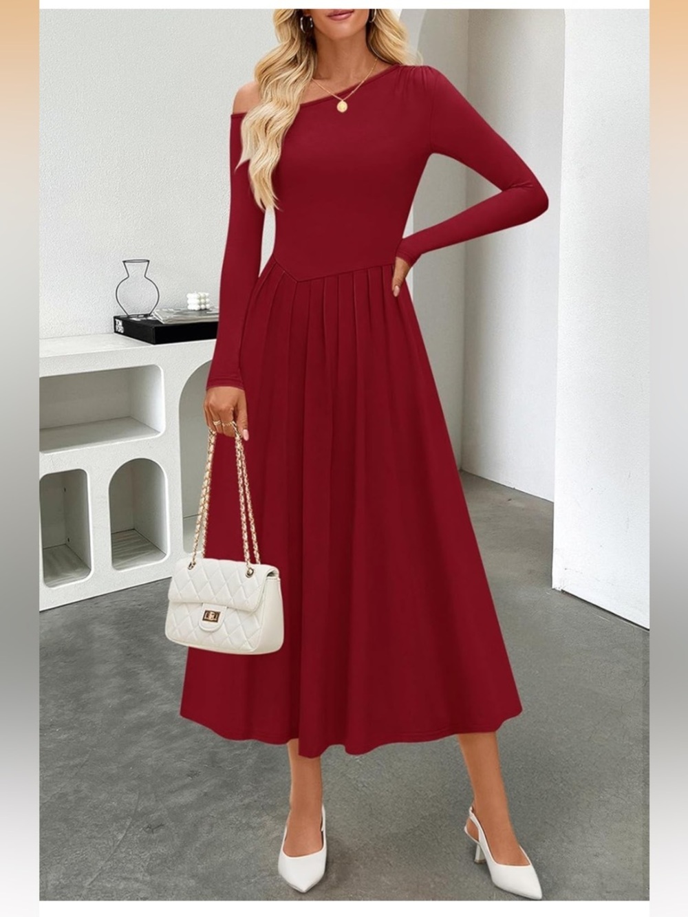 Elegant Burgundy Long Sleeve Pleated Maxi Dress 005 - Picture 3 of 7